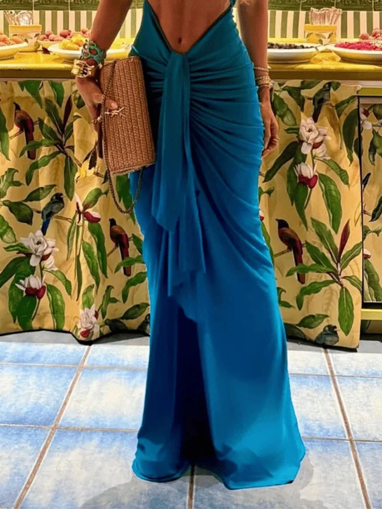 Fashion O-neck Solid Color Evening Dress Elegant Hollow Out Lace-up Slim Long Dress Women Casual Sleeveless Draped Party Dress