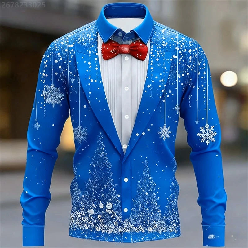 Red Christmas Shirts For Man Snowflake Bow Tie Christmas Shirt Long Sleeve Fashion Holiday Gift Shirt Oversized Mens Clothing