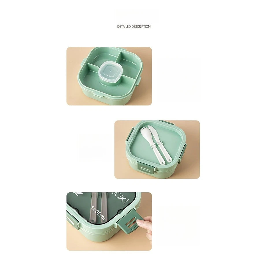 Double Stackable Lunch Box, 50 oz. Large Salad Bowl, 4 Compartment Tray, 3 oz. Sauce Container, Built-In Reusable Fork & Spoon