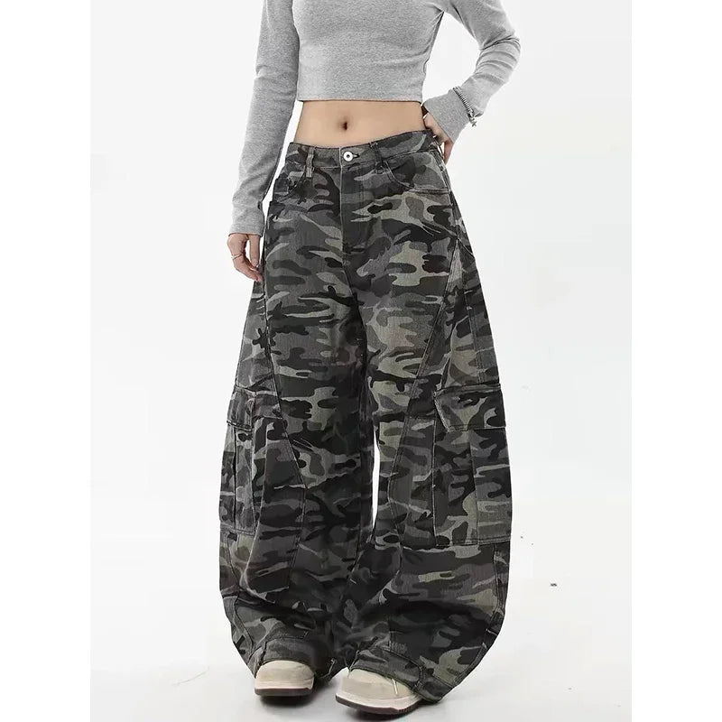 High Waist  Vintage Mutil Pockets Camouflage Jeans Women Hip Pop 2000s Baggy Y2K Denim Pants American Retro Wide Leg Trousers