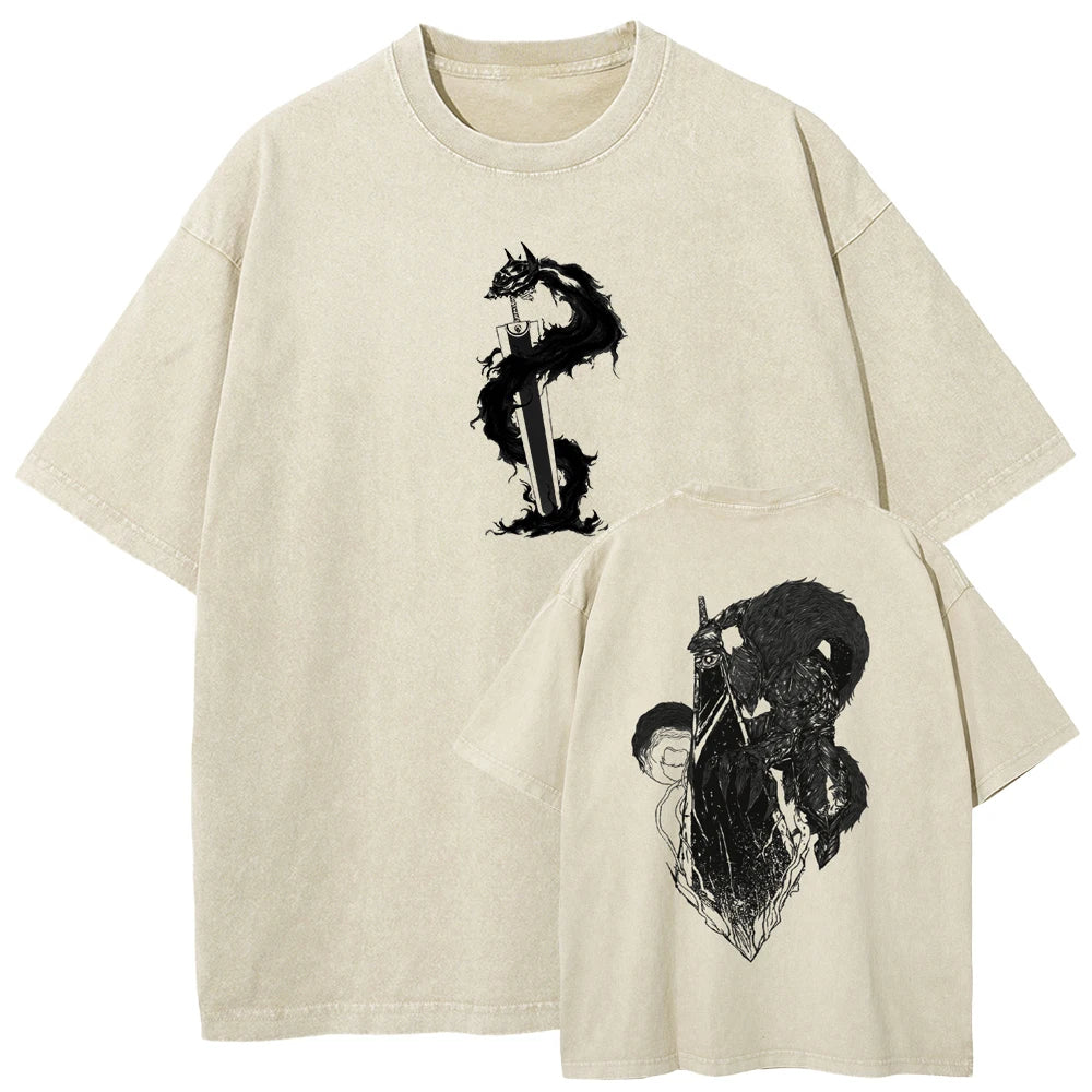 Berserk Guts T Shirt Manga Griffith Printed  T-shirt Men Unisex Clothes Street Vintage Washed Tshirt Short Sleeve Cotton Tees