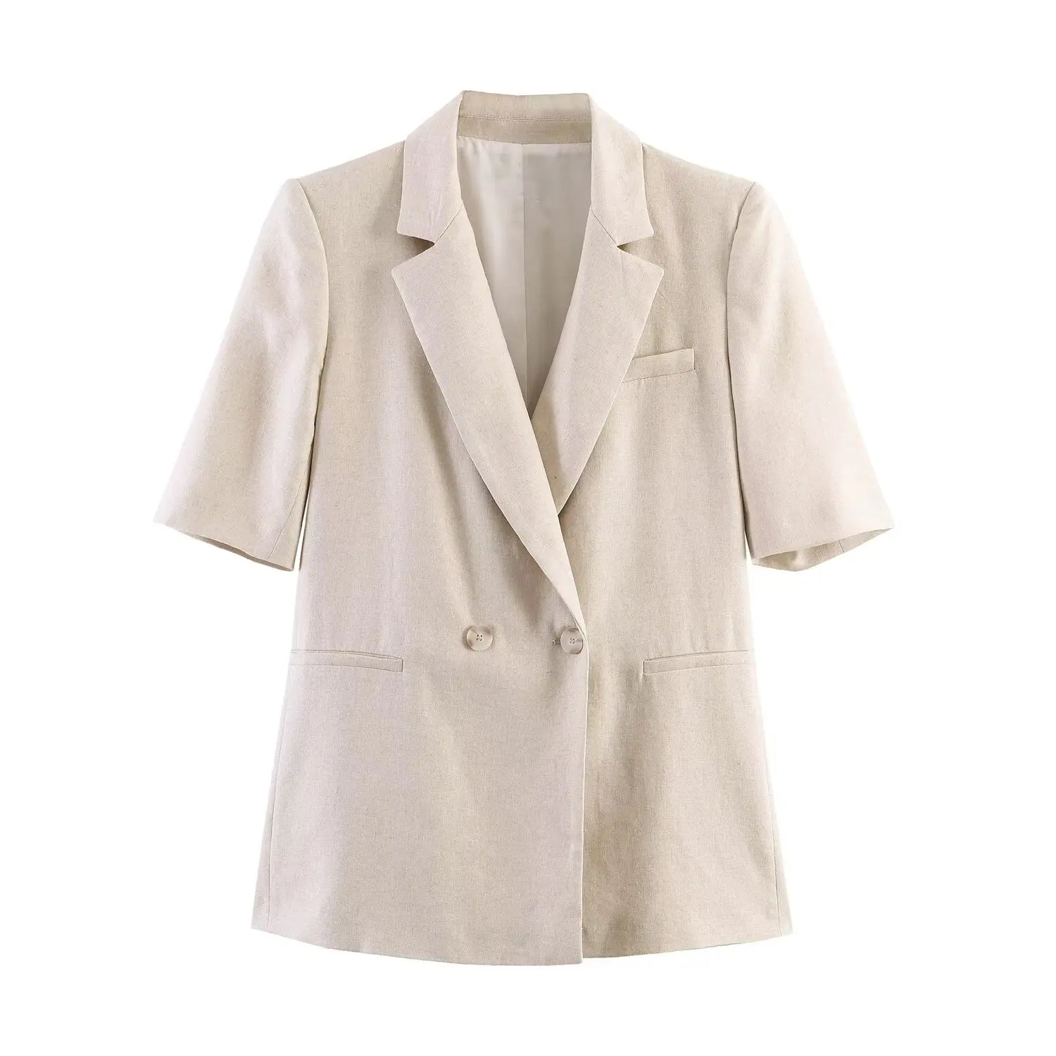 Women's Two Piece Suit Summer 2026 Double Breasted Short Sleeve Blazer High Waist Wide Leg Trousers Female Commute Office Set