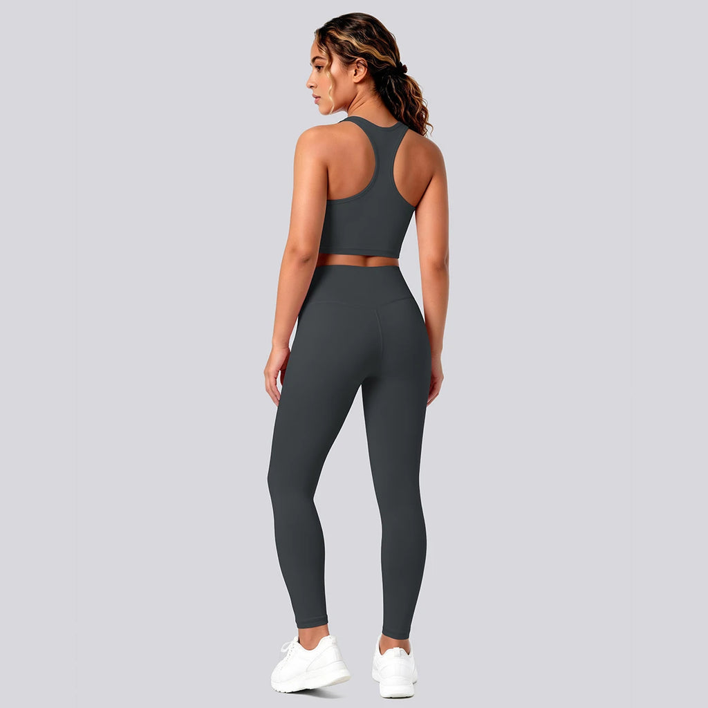 2PCS Solid Color Yoga Set for Woman's Gather Beautiful Back I-shaped Vest Shock-absorbing Running Yoga Tank Top Push Up Pants