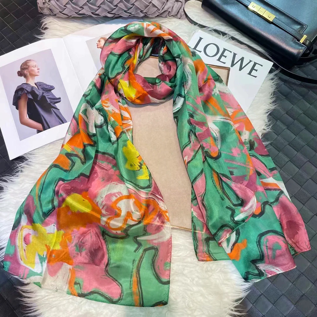 100% Mulberry Silk Scarf Shawl Brand Plum Bossom Design Blue Green Summer Beach Silk Shawls Scarfs Fall Winter Neck Head Scarf