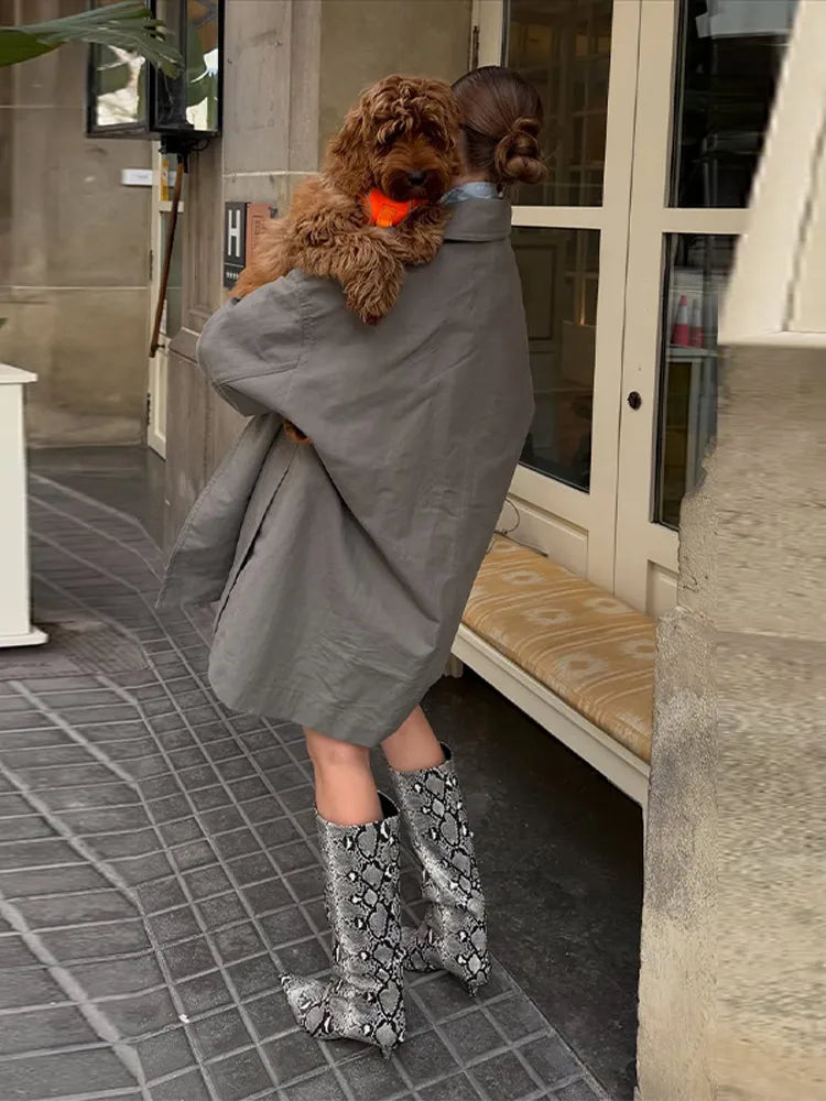 Street Women's Solid Grayish Green Trench Coat Lapel Single Breasted Full Sleeve Pocket Jackets 2026 Autumn Lady Loose Outwear