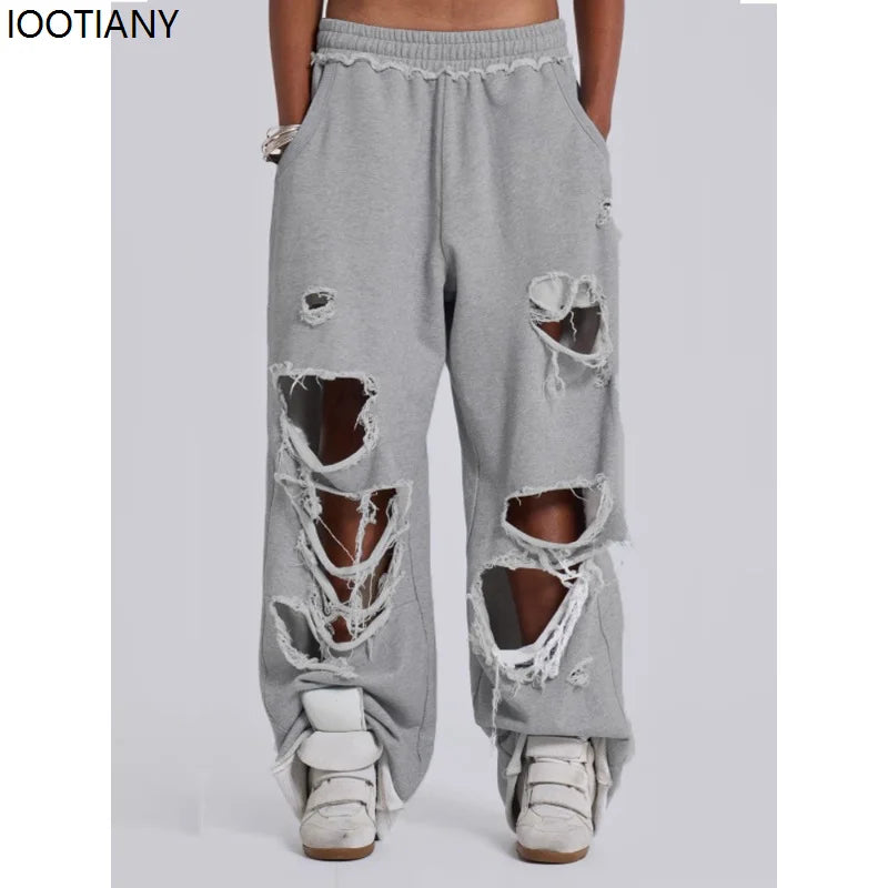 Y2k Grey Ripped Women's Jogging Wide Leg Pants American Retro Hip-hop Drape Thin Sports Pants Solid Color Loose Casual Summer