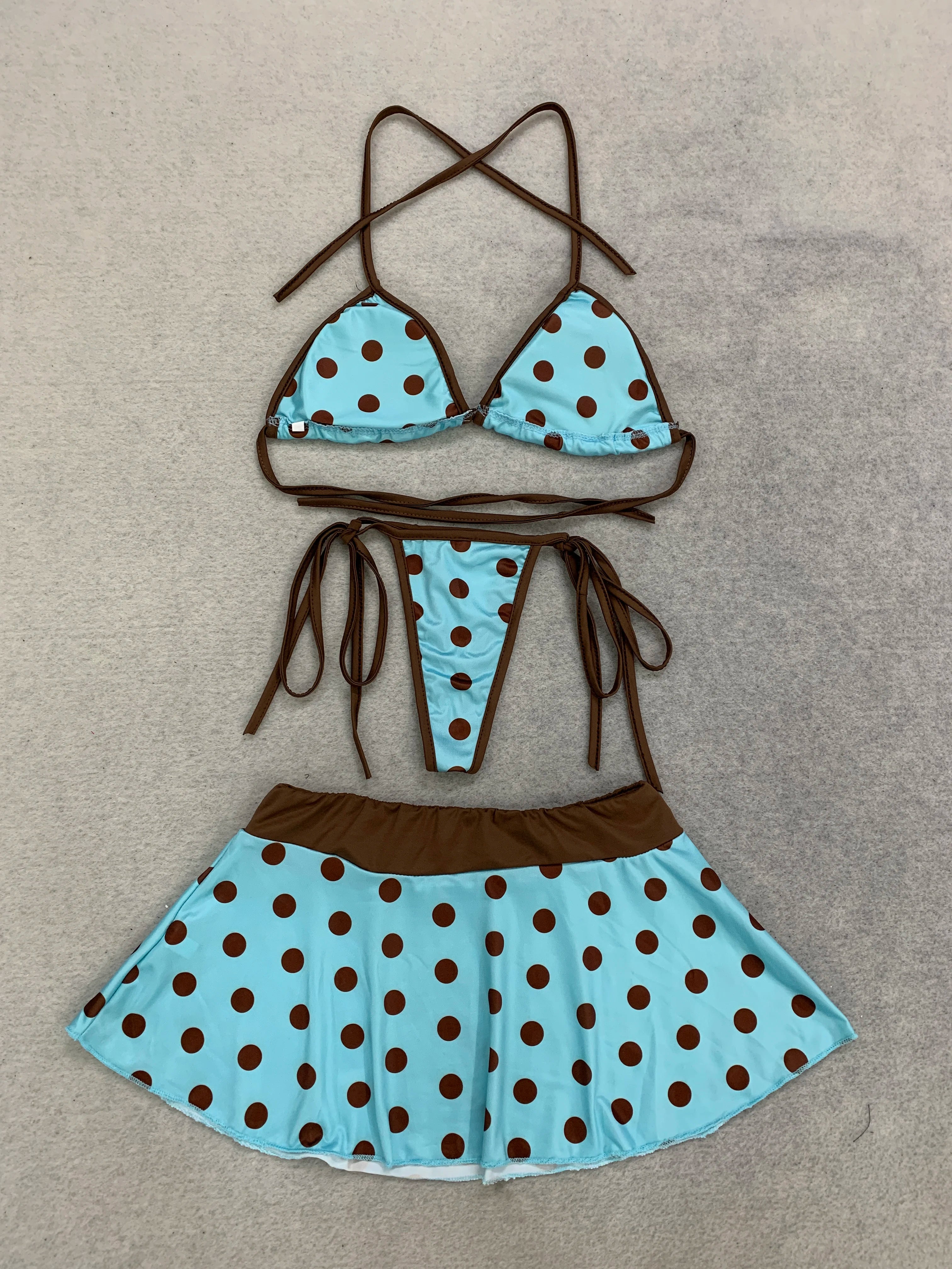 Women Retro Polka Dot 3 Piece Bikini Set Halter Triangle Top High Cut Side Tie Skirt Swimwear