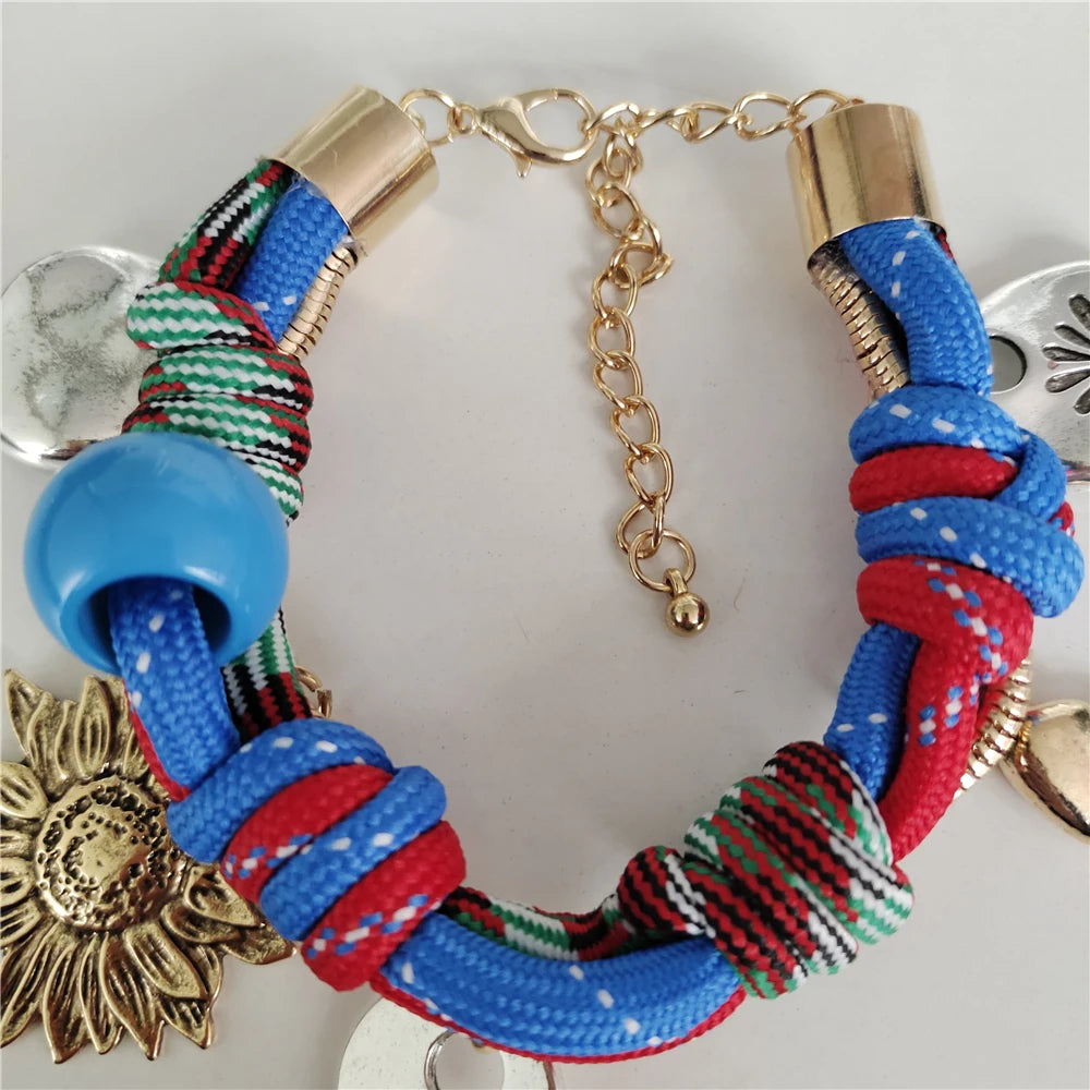 Fashion Trend Retro Sun Key Pendants Hand Woven Rope Choker Necklace Women Indian Ethnic Vintage Statement Necklace Lady Jewelry