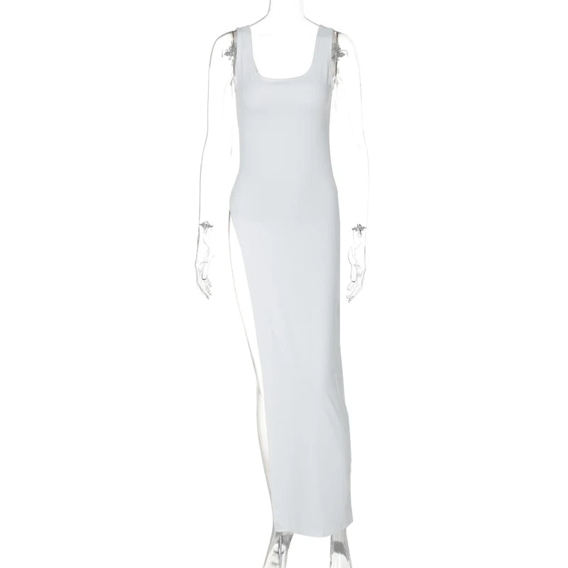Sexy Sleeveless Side High Split Midi Dress Backless Women's Summer Party Club Streetwear Y2K Style Solid Color