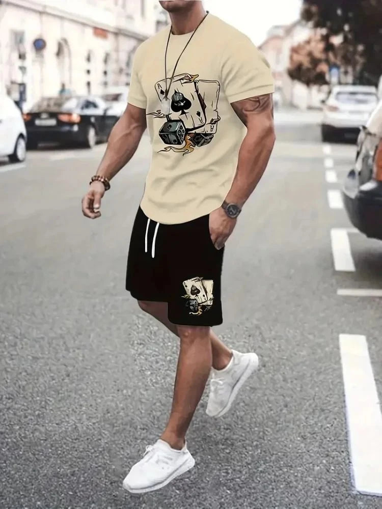 New Men's Summer Street Trendy Letter Printed Comfortable Breathable Round Neck T-shirt Shorts Set Outdoor High Street Clothing