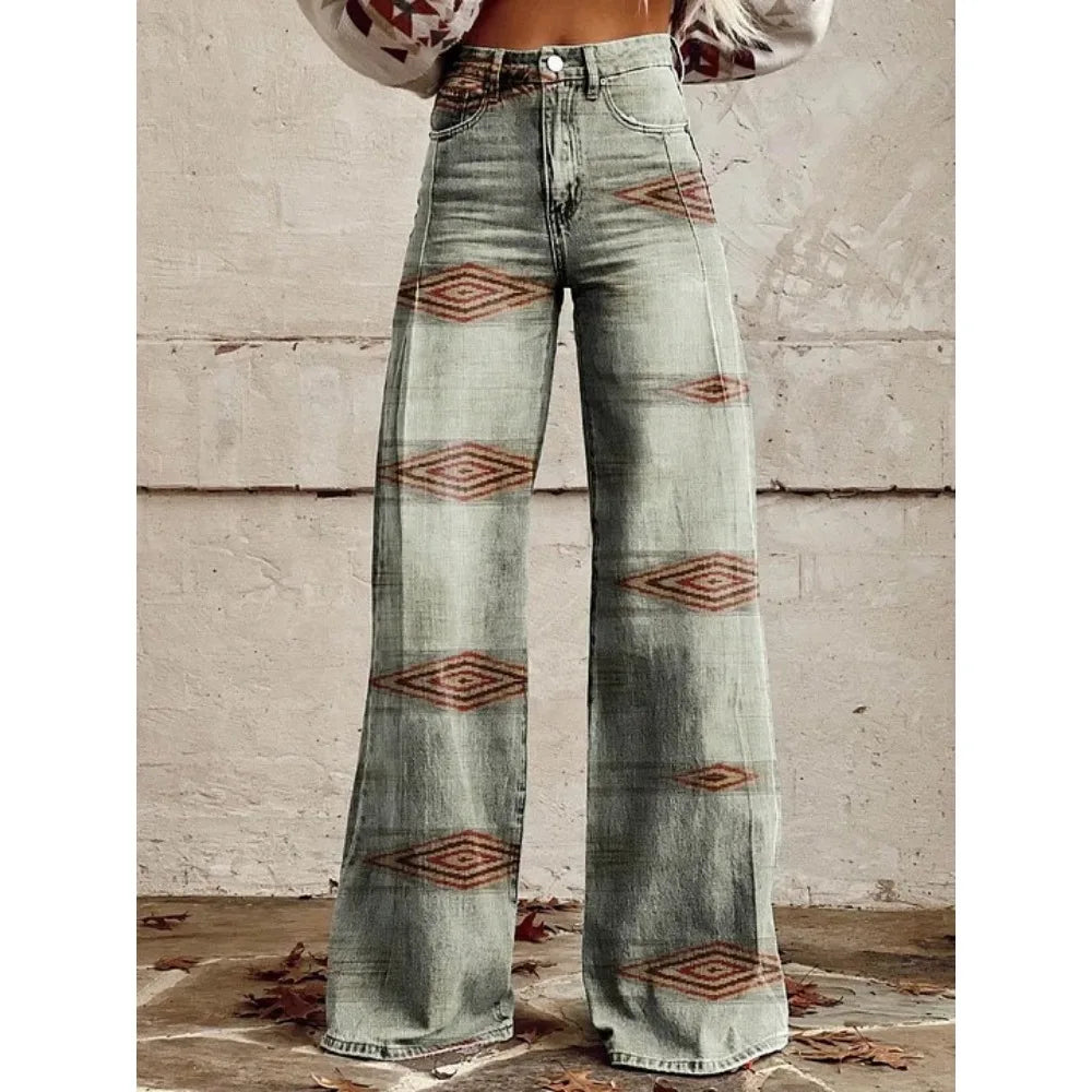 Pink Green Aztec Geometric Print High Waist Wide Leg Pants Cotton Casual Boho Trousers Vintage Women's Western Casual Trousers