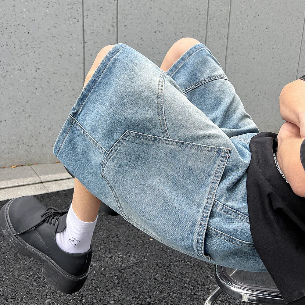Men's Summer Retro Nostalgic Denim Shorts Loose Overalls Five-quarter Pants American Y2K Street Hip-hop Shorts Brand Clothing