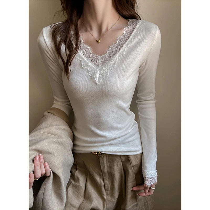 Sexy V-Neck Long Sleeve T-Shirt Women Fashion Lace Patchwork Solid Color Bottoming Shirt Spring Autumn Stretch Slimming Base Tee