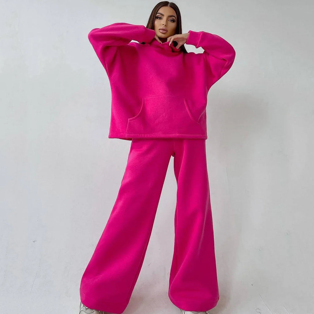 Woman's Solid Color Hooded Sweatshirt Pant Two-piece Set Fashion Long Sleeves Pocket Pullovers Pants Suits Ladies Loose Outfit