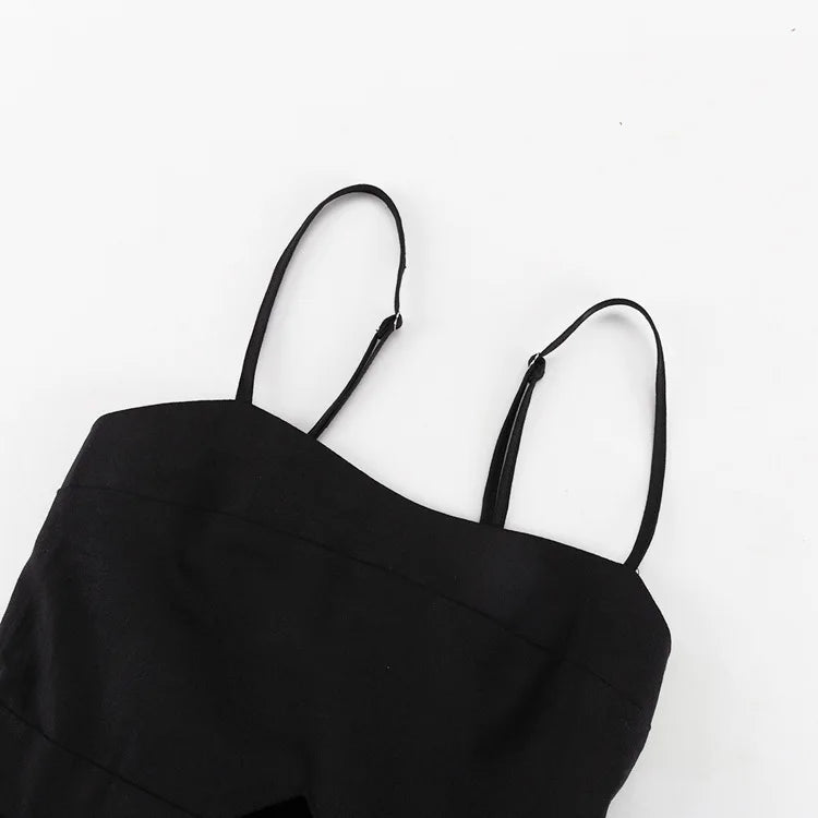 FSMG Fashion Black Breathable Sleeveless Backless Halter Dress Summer Sexy Spaghetti Strap Hollow Out Pockets Side Long Skirt