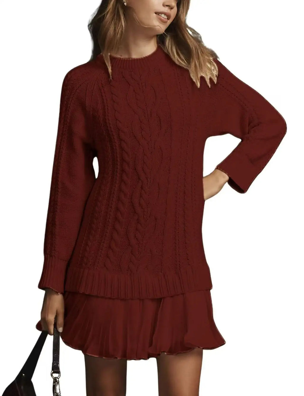 2025 Winter Long Sleeve Twist Knitted Sweater Dress Woman Ruffle Chiffon Pleated Dresses Fall Solid Warm A-Line Pullover Dress