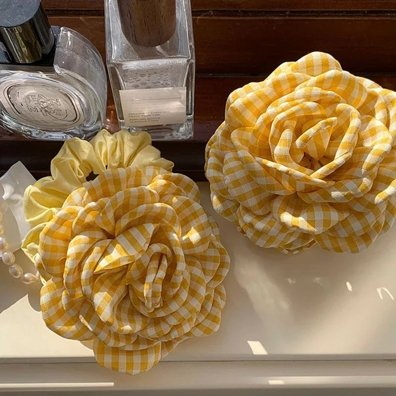 Women's Hair Claw Clip Checkered Yellow Rose Exquisite Grab Clip Hair Grab High End Korean Hair Accessory Flower Head Accessory