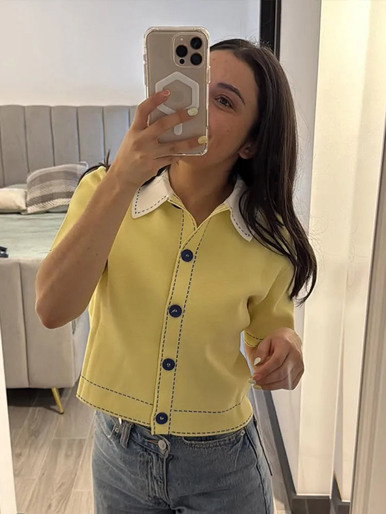 Casual Yellow Lapel Knitted Sweater Women Chic Short Sleeve Single Breasted Warm Pullover Lady Autumn Commute Street Outwear New