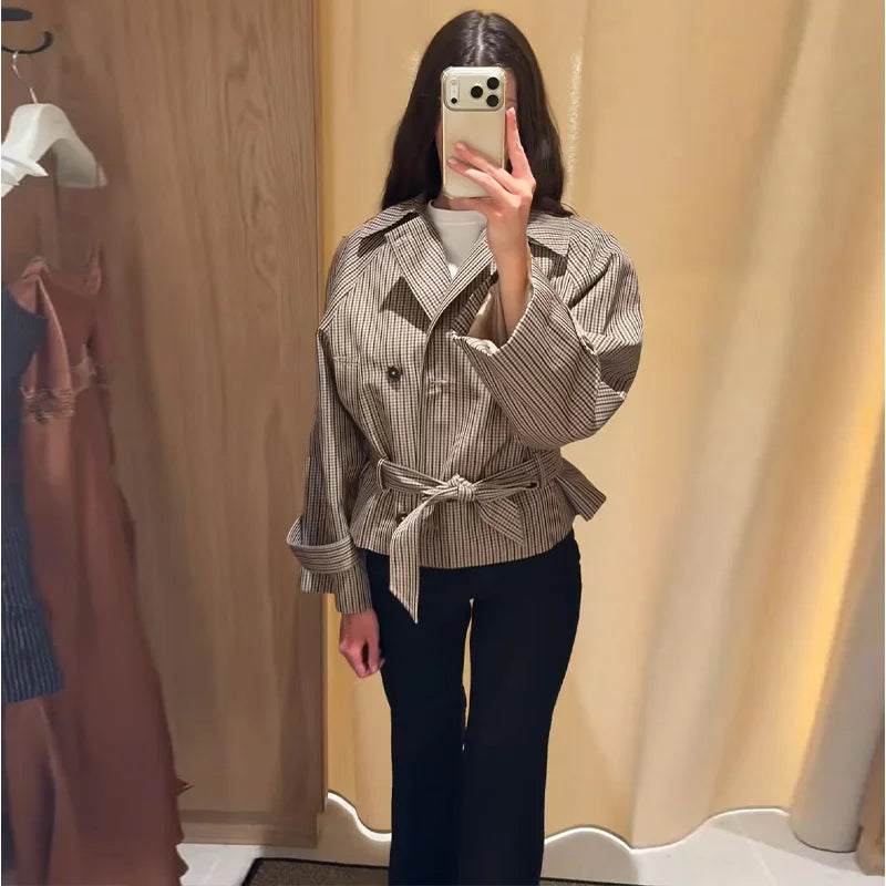 Loose Plaid Lace Up Jacket Women Vintage Double Breasted Full Sleeve Lapel Belts Jackets Female 2026 Autumn Outwear Lady