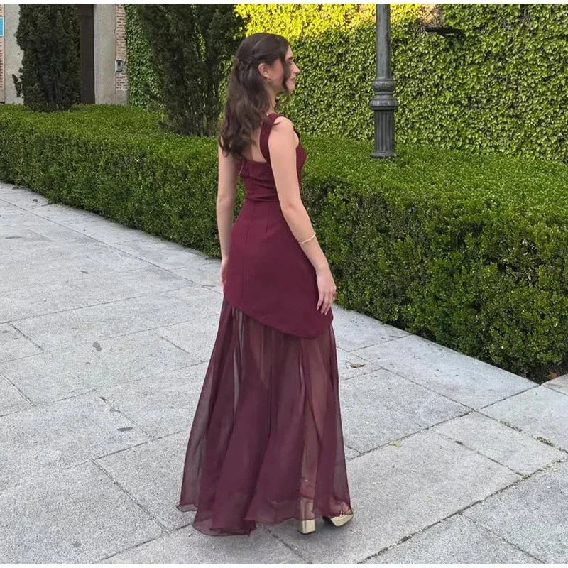 Boho Chic Elegant Mesh Patchwork Sling Dress Sexy Loose Sleeveless Split Scarf Long Dress Female 2026 New Party Evening Dresses