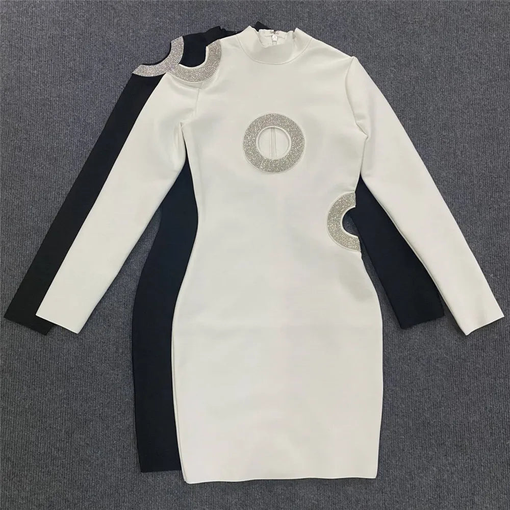Women Sexy Hollow Out Beading Bandages Dress Long Sleeve Bodycon Clothes Club Party Celebrity Mini Dresses