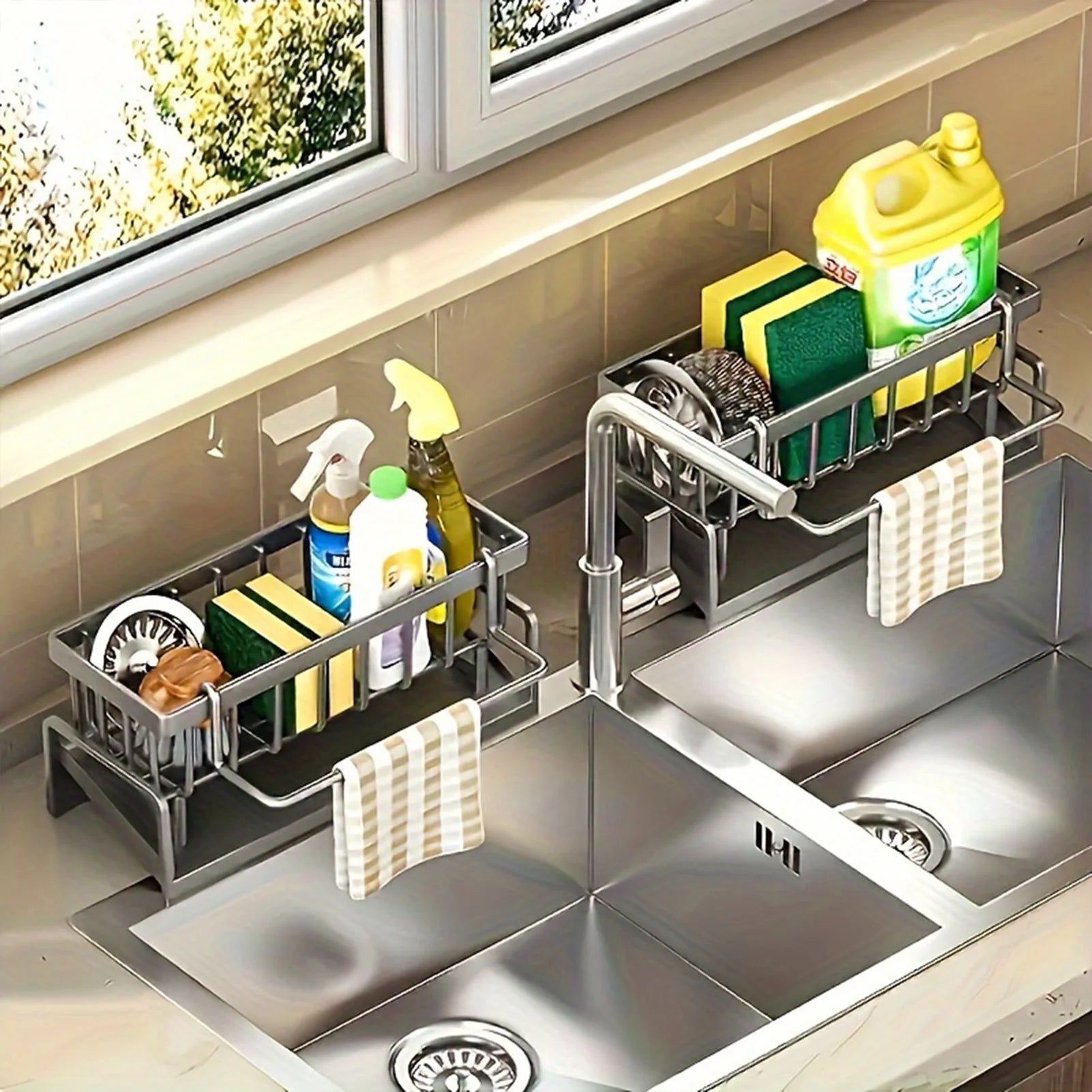 Kitchen Sink Organizer Countertop Rack Multifunctional Sponge/Cleaning Cloth/Brush Holder Drain Rack Dish Soap Storage