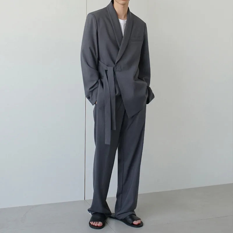 Spring Autumn Men's Loose Half Sleeved Suits Blazer Pants  2 Pieces Solid Clor Fashion Half Waistband Casual Blazer Suit Sets