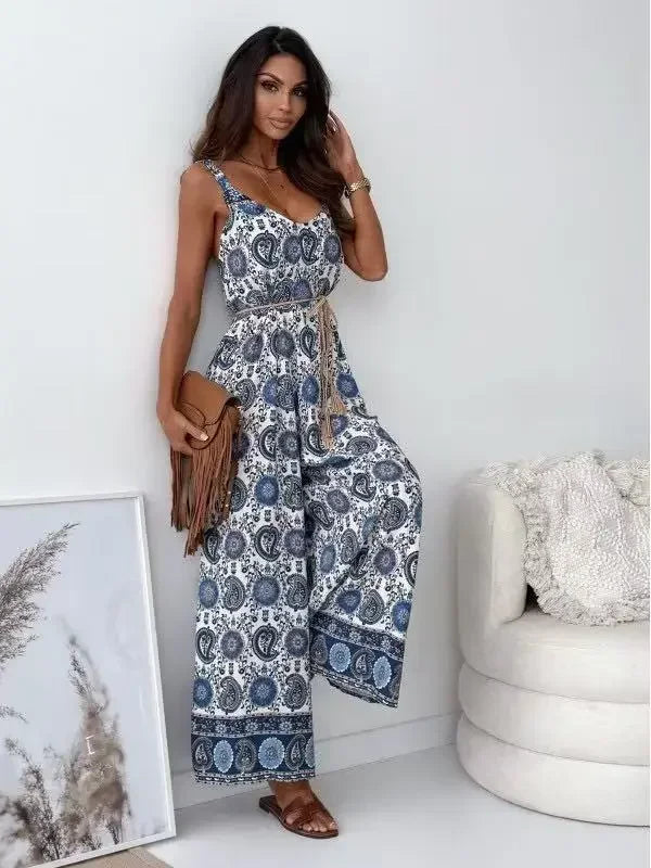 Pop Fashion Elegant V-neck High Waist Jumpsuit Women's Pattern Print Loose Long Romper Causal Sleeveless Wide Leg Playsuit Women