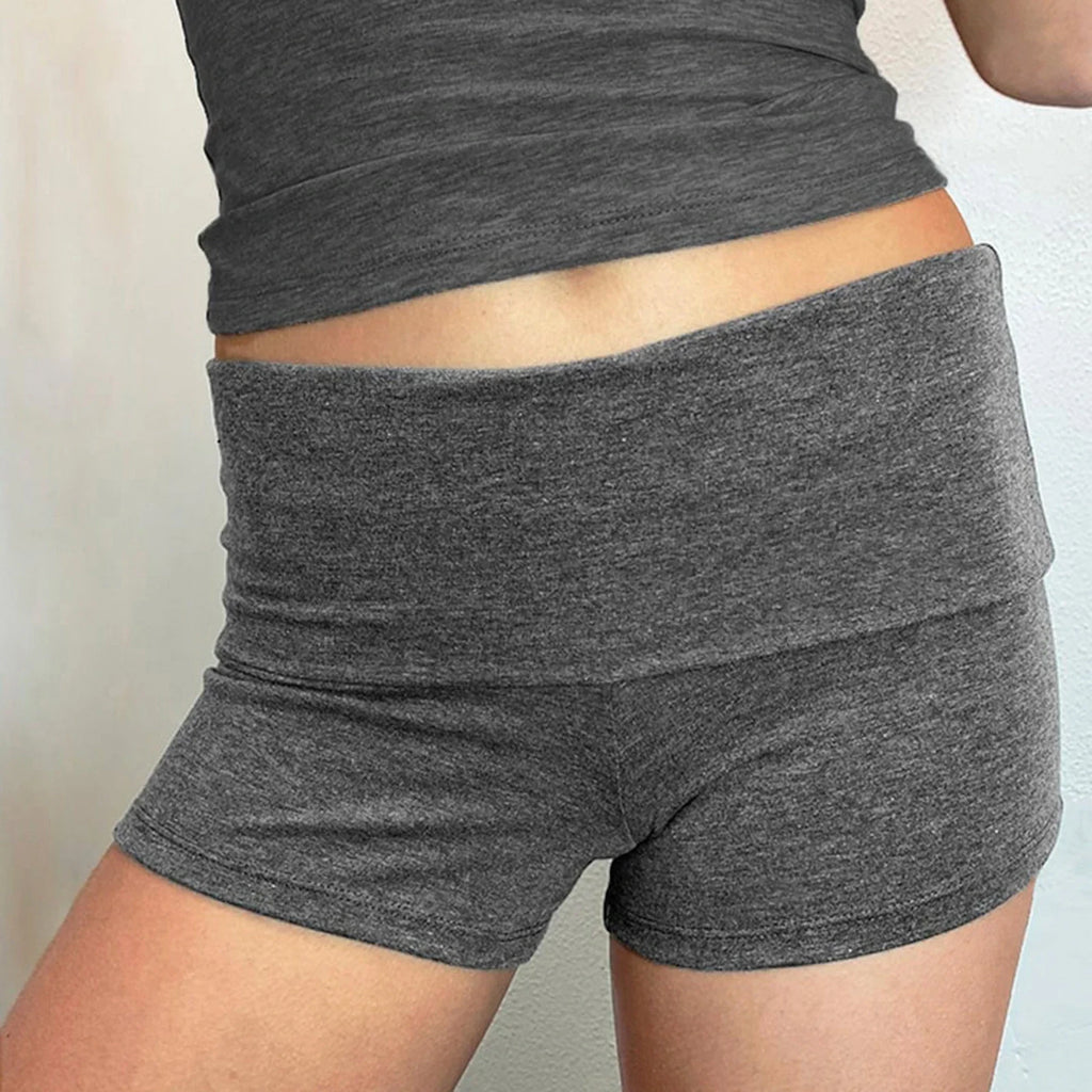Summer Slim Yoga Shorts Women Casual Solid Color Fold Over Low Waist Lounge Shorts