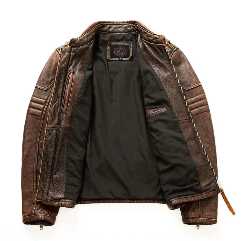 2023 New Motorcycle Causal Vintage Leather Coat Men Autumn Outfit Fashion Biker Pocket Design Top Layer Cow Leather Jacket