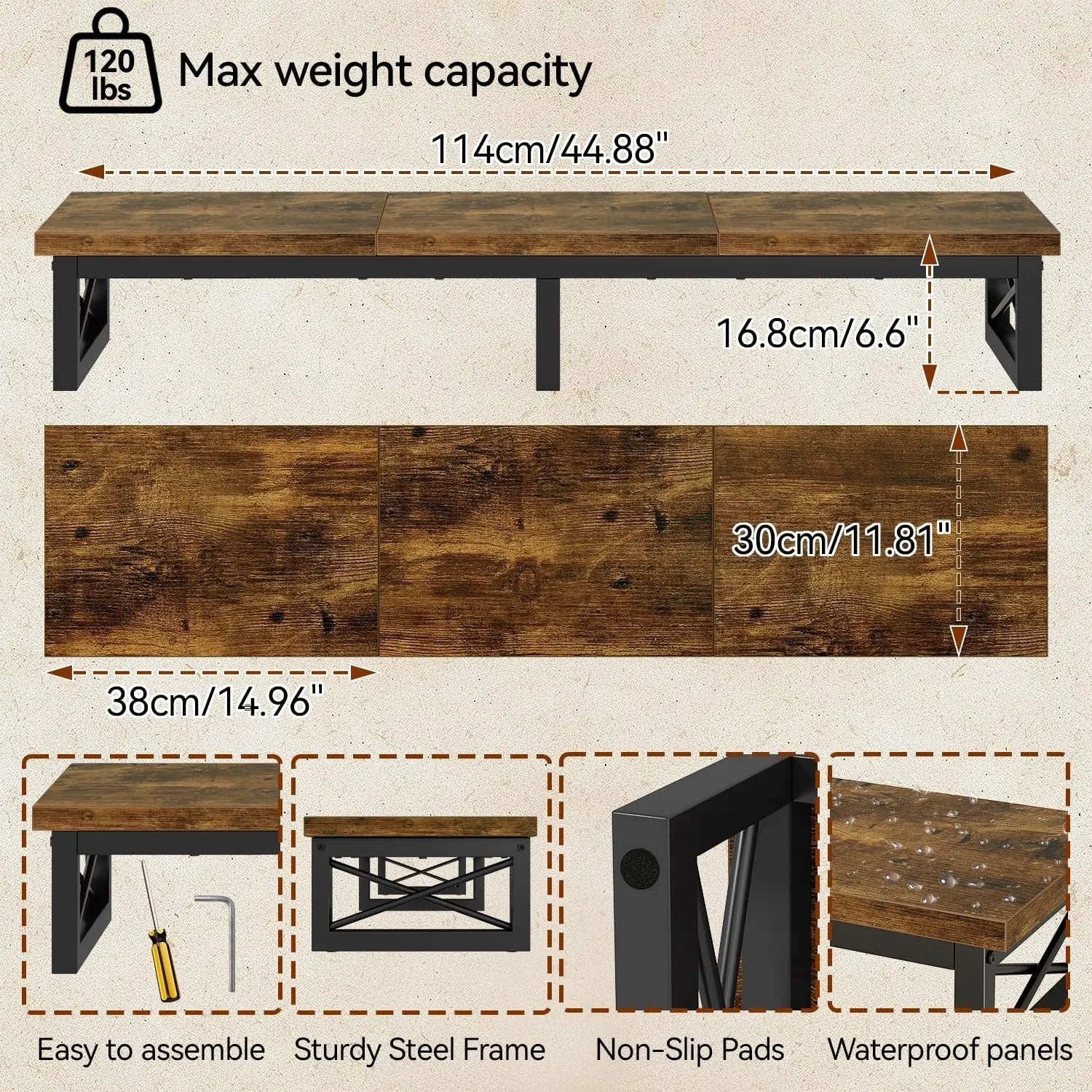 45" Large TV Riser for 32-60 inch TV,Tabletop Short TV Stand with Storage and Steel Legs,Dual Screen Office Desk,Stand R