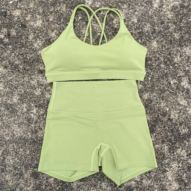 2 Piece Yoga Shorts Set Gym Sports Set Women Workout Outfit Fitness Suit Cross Straps Bra High Waist Shorts Running Tracksuit