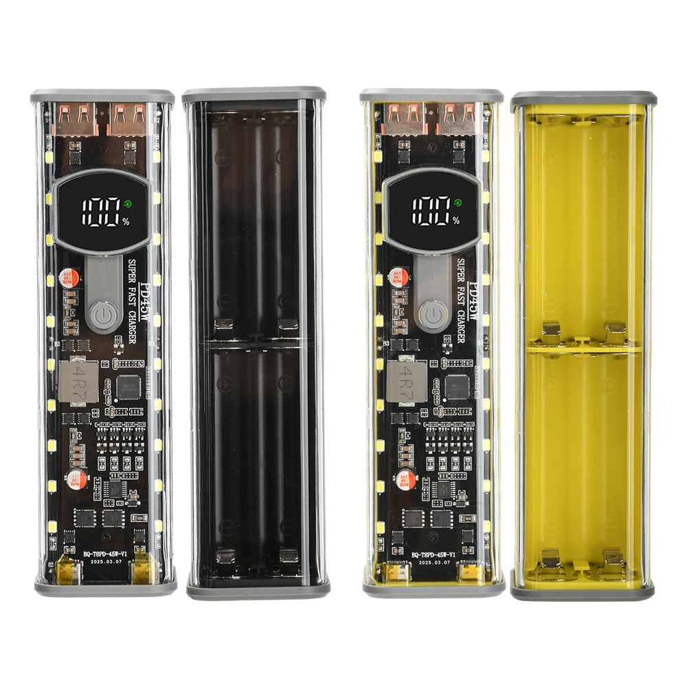PD 45W 30-65W Super Fast Charging Transparent Power Bank Shell Welding Free 8 *18650 Battery Cartridges For Outdoor Light Type-C