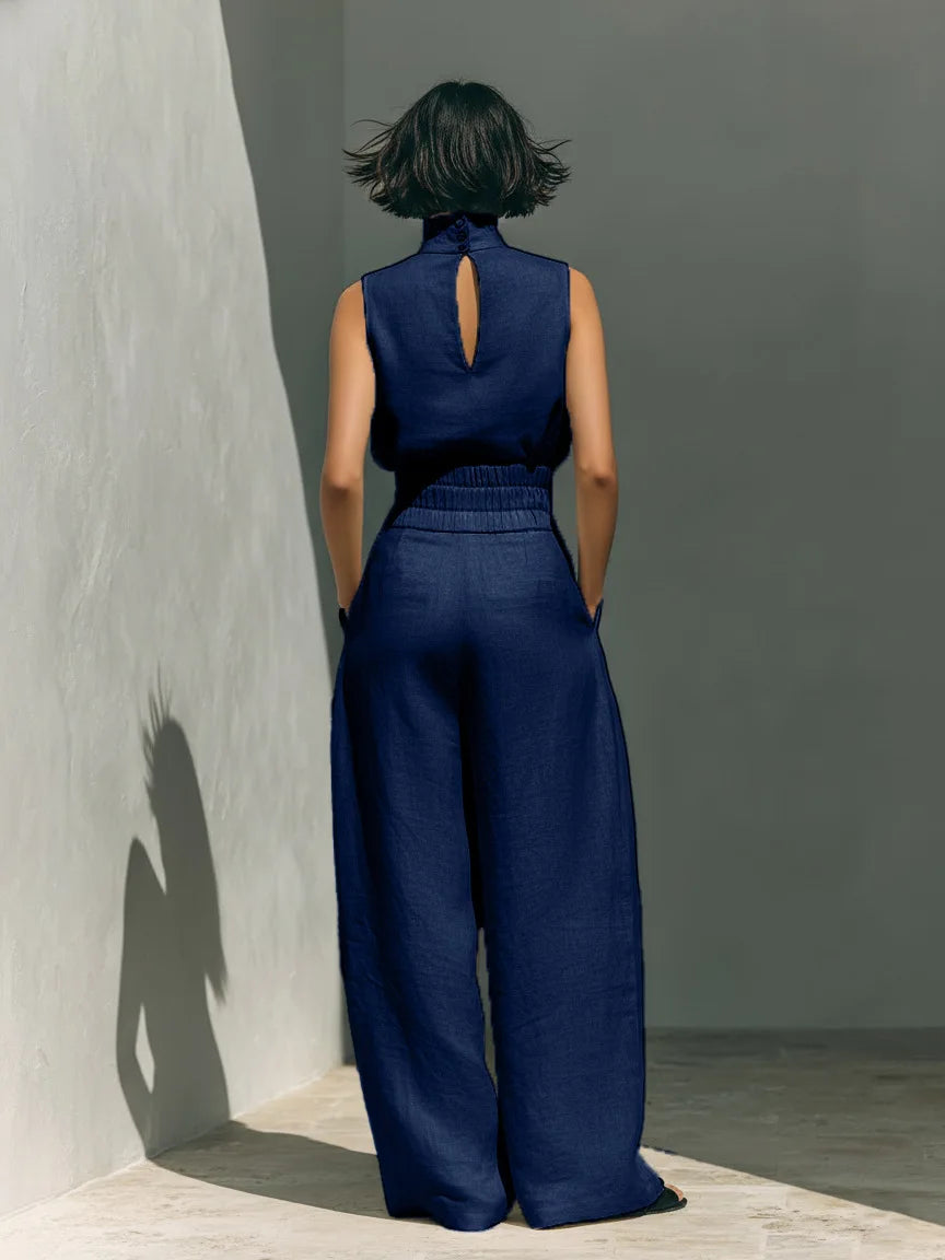 New Women's Solid Color 2 Piece Sets Sleeveless High Neck Tops+High Waist Wide Leg Pants Casual Minimalist Female Summer Outfits