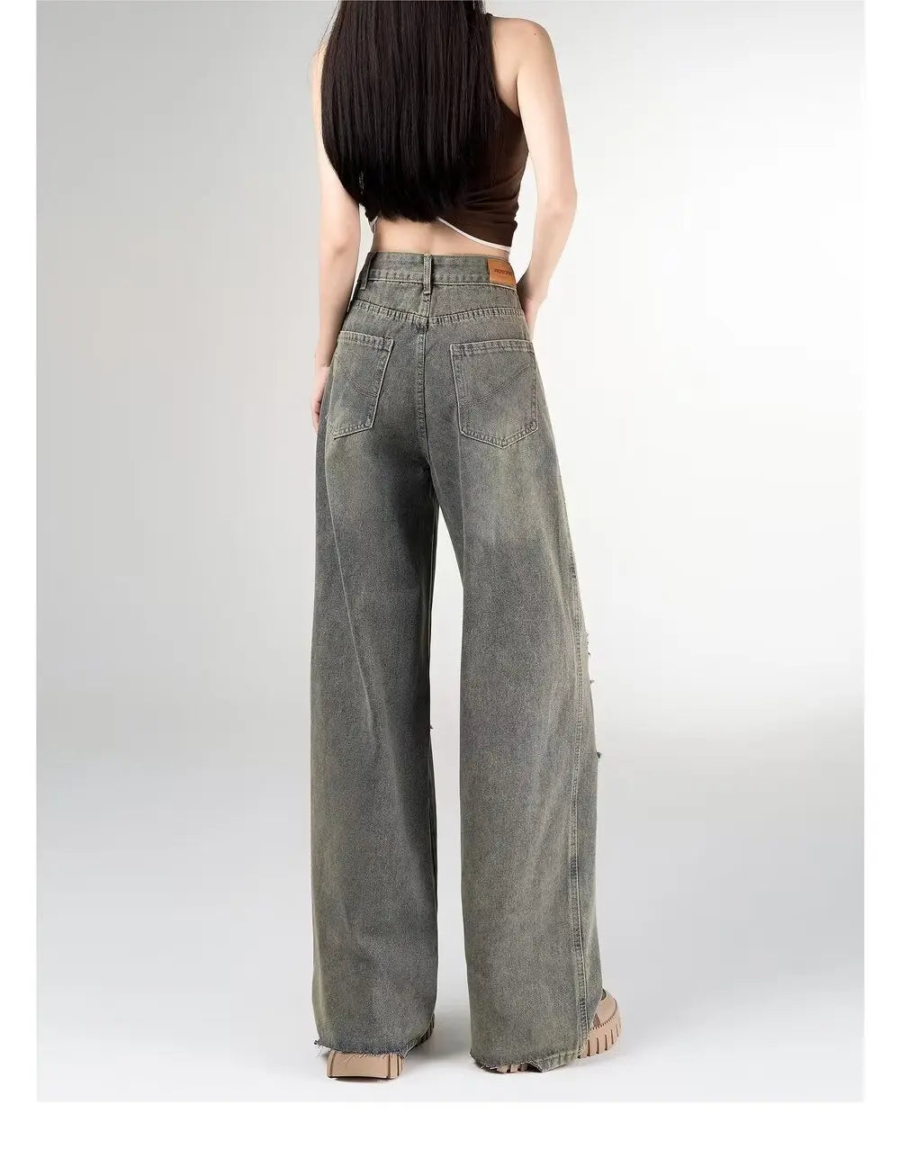 Women's Vintage Distressed Jeans High Waist Wide Leg Straight Denim Pants Loose Fit Summer Trousers 2025
