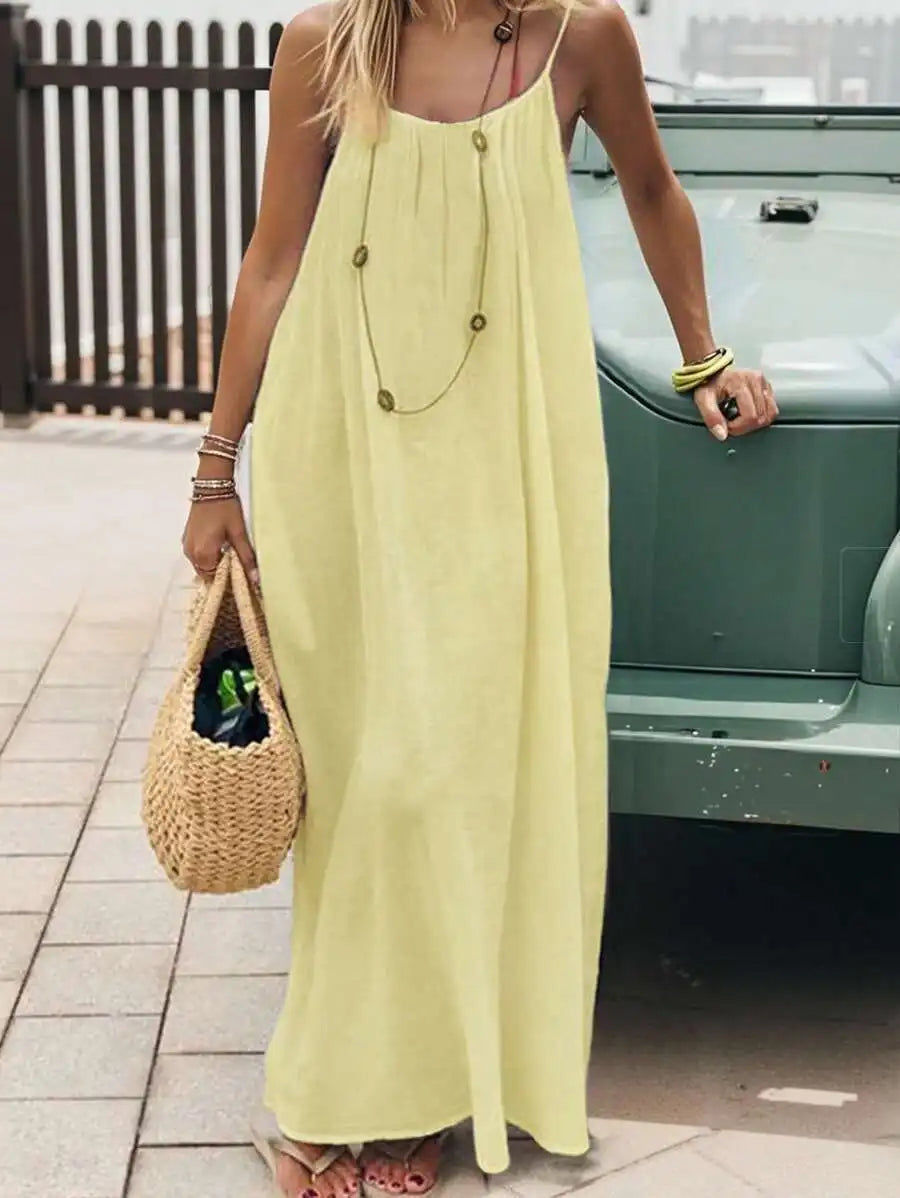 2026 New European & American Cross‑border Women’s Wear, Solid Color Loose Casual Versatile Slip Backless Maxi Dress
