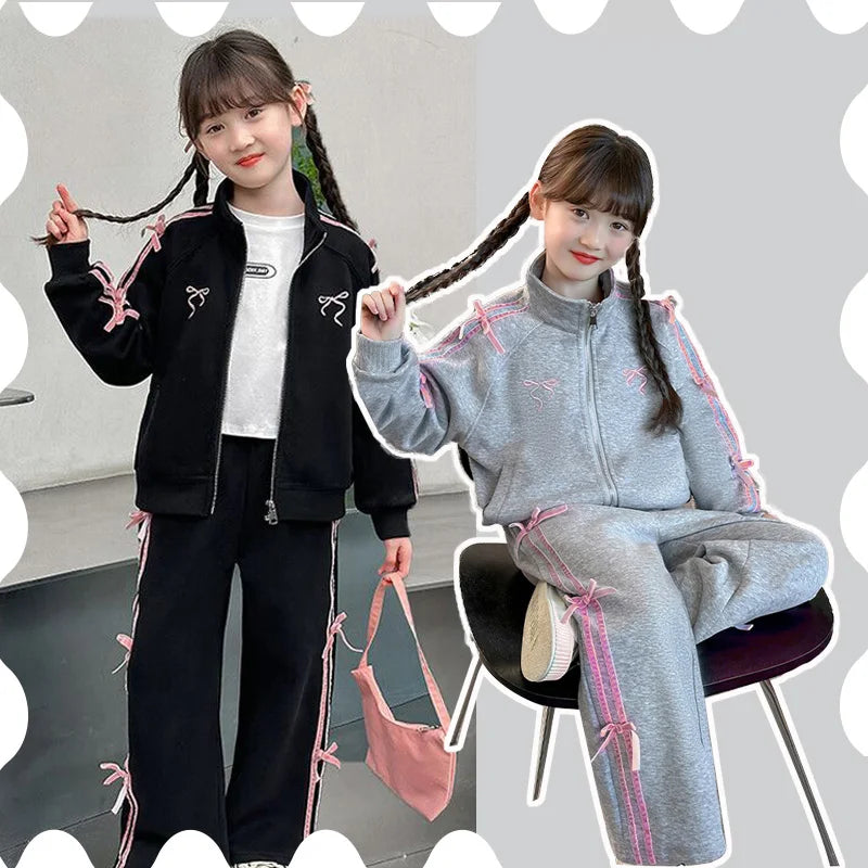 Girls Casual Sets Children Spring Autumn Sports Suits Kids Long-sleeved Jacket+Pants 2Pcs Outfits 2025 Teenager New Bow Clothes