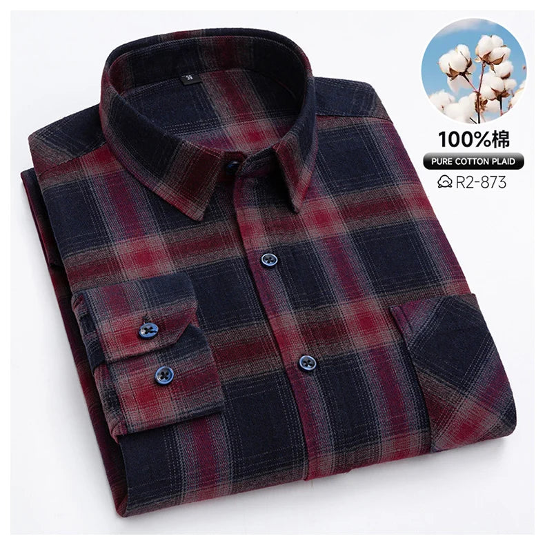 Classic Retro Plaid Flannel Shirt Long Sleeve 100% Cotton Fashion Casual Soft Spring Autumn Winter Standard Pocket Men's Shirt