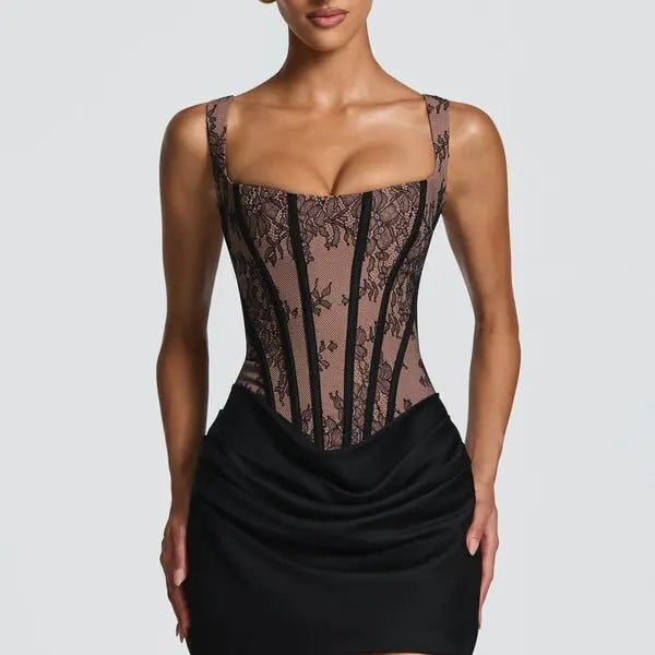 Spaghetti Strap Lace Corset Mini Dress Women Back Lace Up Draped Satin Bodycon Party Club Short Dress INS Style
