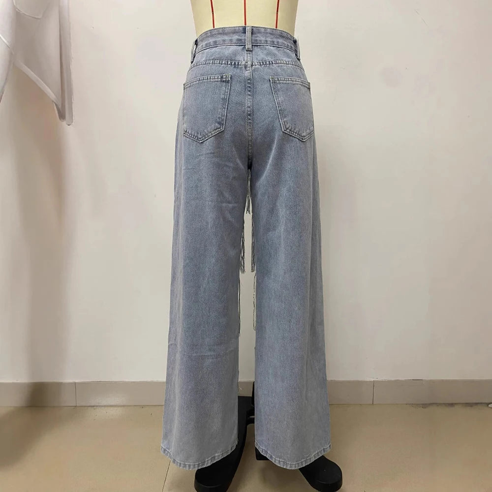 Trendy Tassel Design Womens Jeans Streetwear High Waisted Denim Pants Sparkly Sequin Party Vintage Straight Leg Jean Trousers