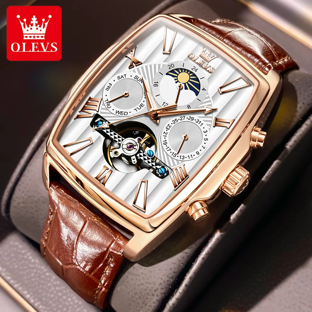 OLEVS 6675 Mens Watch Flywheel Multifunctional Chronograph Mechanical Watch Leather Strap Square Watches For Man High Quality