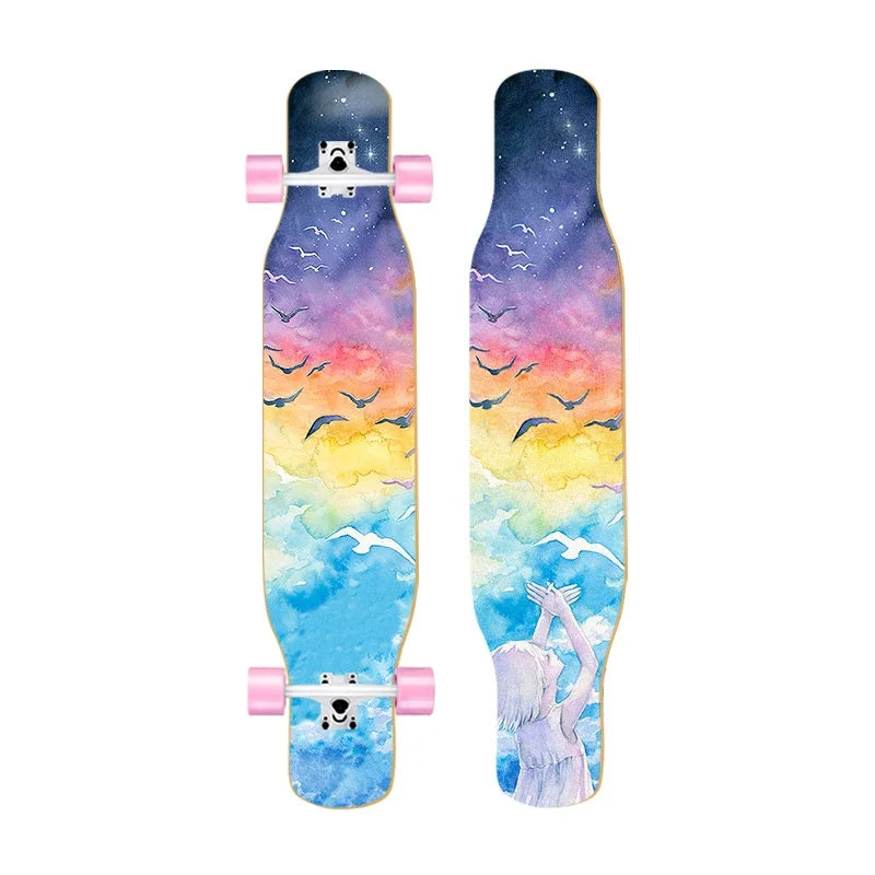 44 Inch Double Kick Dance Longboard 7-Layer Maple Wood Double Sided Graphic Complete Skate Deck All Ages Amateur Professional Ri