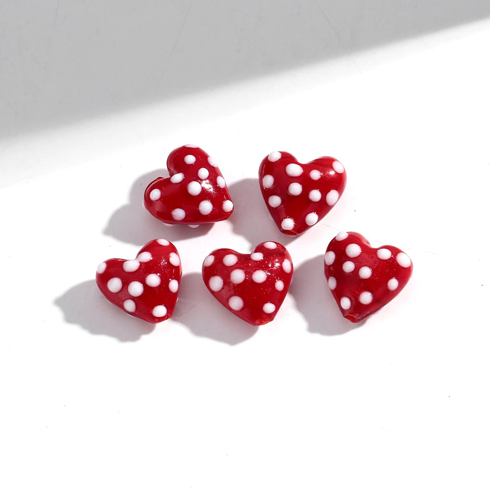 5Pcs Red Heart Lampwork Glass Beads Charm Dot Love Peach Loose Bead for DIY Craft Jewelry Making Necklace Bracelet Accessories
