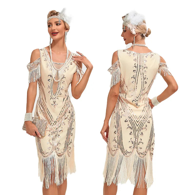 Vintage 20s 1920s Dress The Great Gatsby Womes Sequins Tassel Fringe Evening Dress New