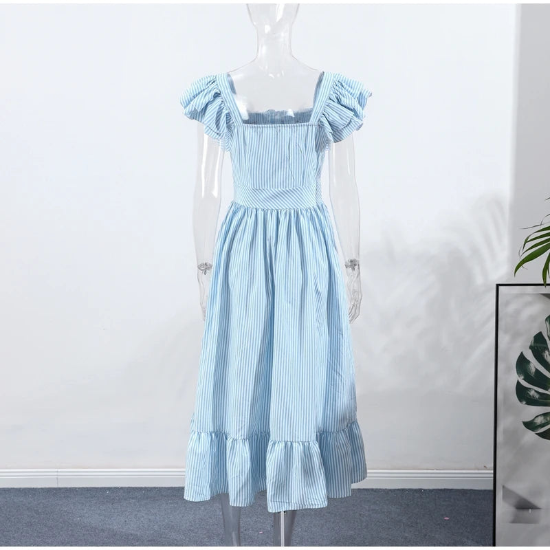Fashionable Striped Ruffle Pleated Women's Dress Elegant Solid Square Neck Single Button Dresses Female Summer Chic Casual