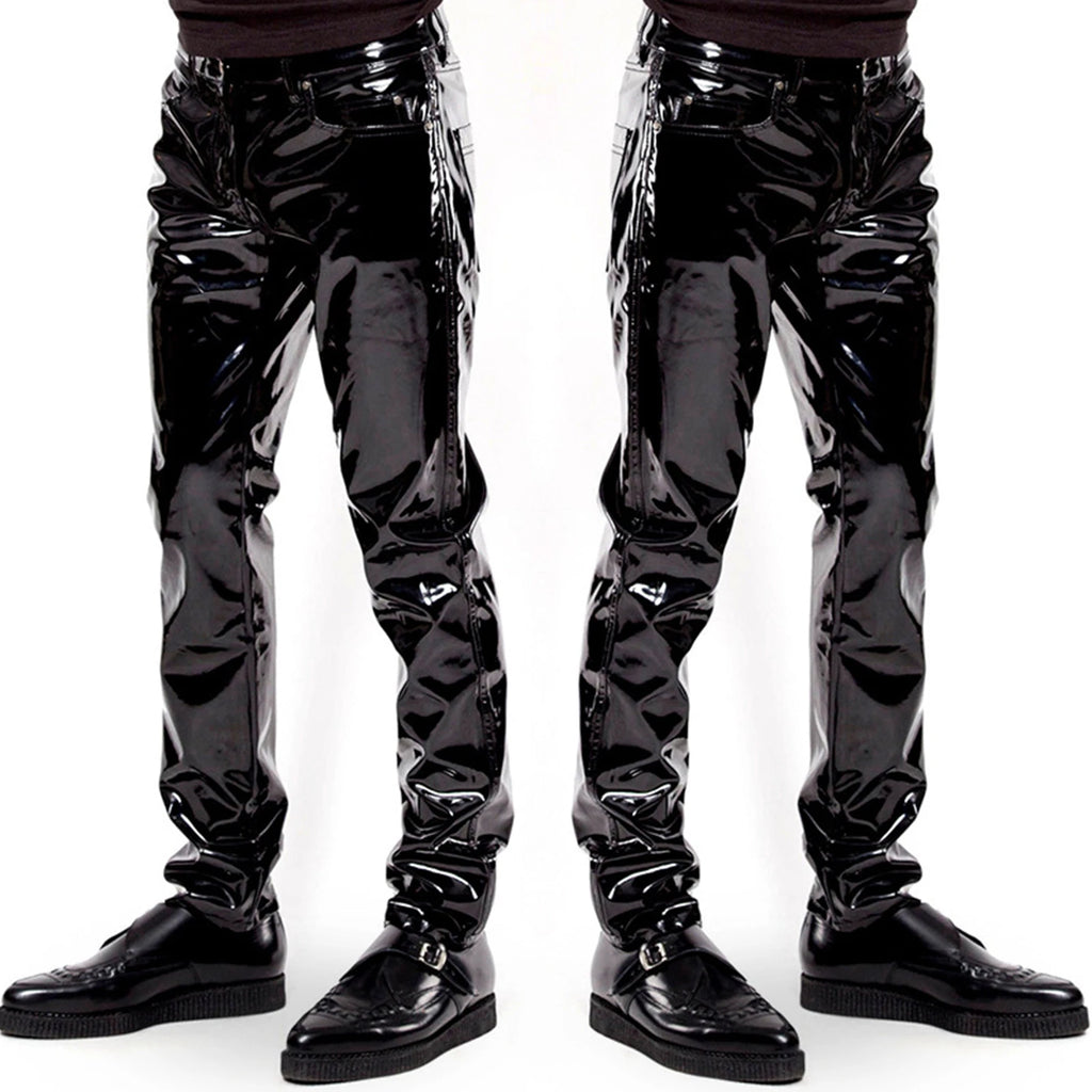 Men Latex Leather Pants Low Waist Faux Leather Shiny Pants Fashion Tight Trousers for Club Stage Show Rock Band Performance