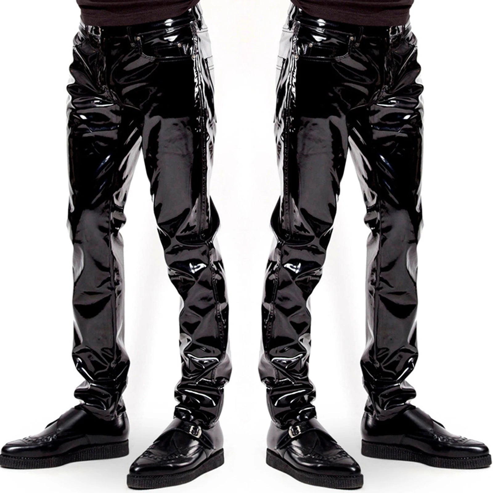 Men Latex Leather Pants Low Waist Faux Leather Shiny Pants Fashion Tight Trousers for Club Stage Show Rock Band Performance