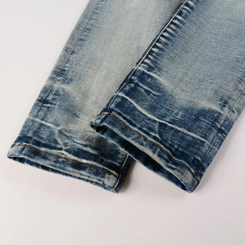 Men Paisley Bandana Print Patch Jeans Streetwear High Stretch Denim Pants Holes Ripped Patchwork Skinny Tapered Trousers