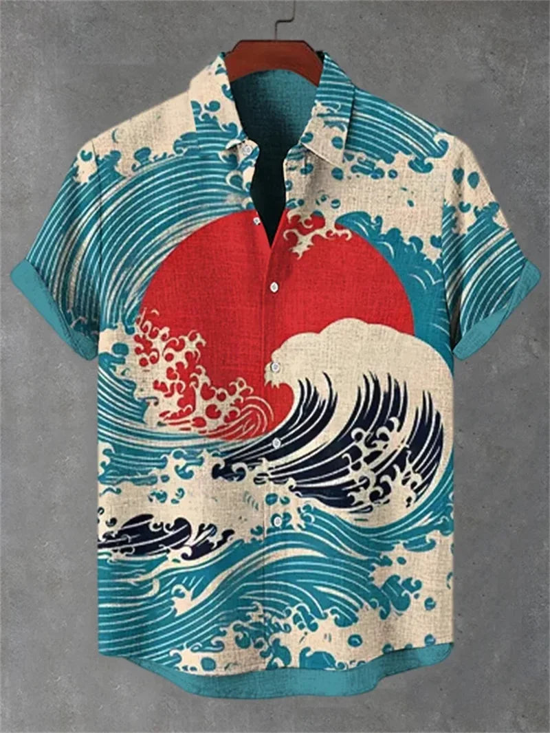 Hawaiian Casual Shirt Men's Summer 3D Wave Print Retro Short Sleeved Linen Top Suitable for Clothing Tops