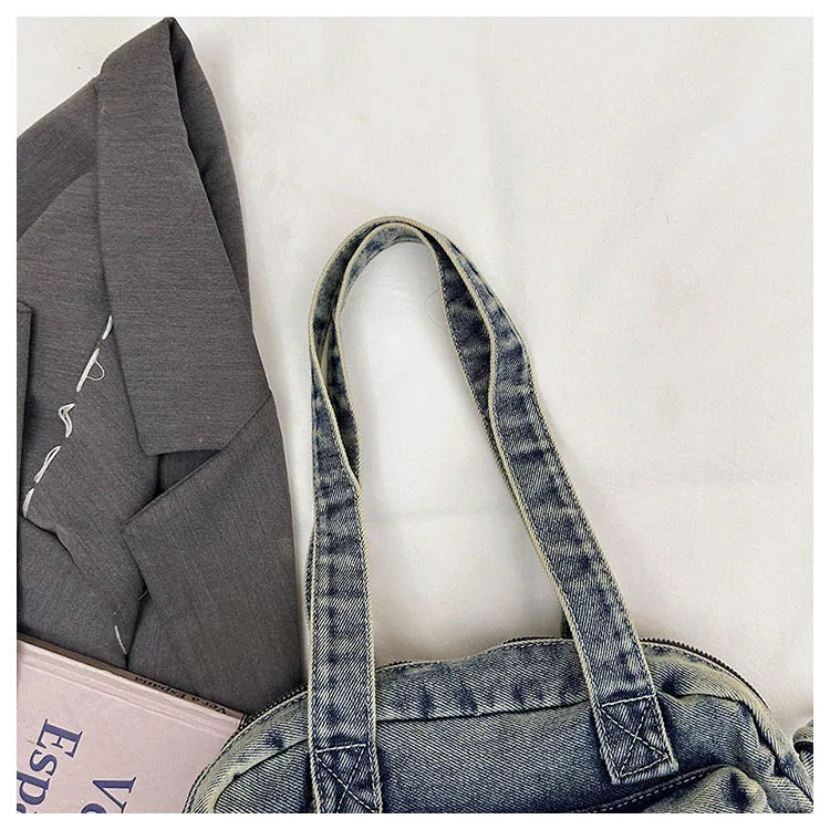 Trendy Vintage Denim Top Handle Bag Women Fashion Spring Shoulder Bag Casual Comfortable and Versatile Texture Storage Bag